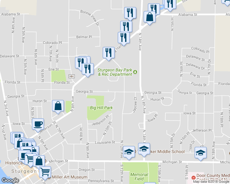 map of restaurants, bars, coffee shops, grocery stores, and more near 899 Georgia Street in Sturgeon Bay