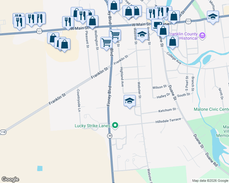 map of restaurants, bars, coffee shops, grocery stores, and more near 97 Finney Blvd in Malone
