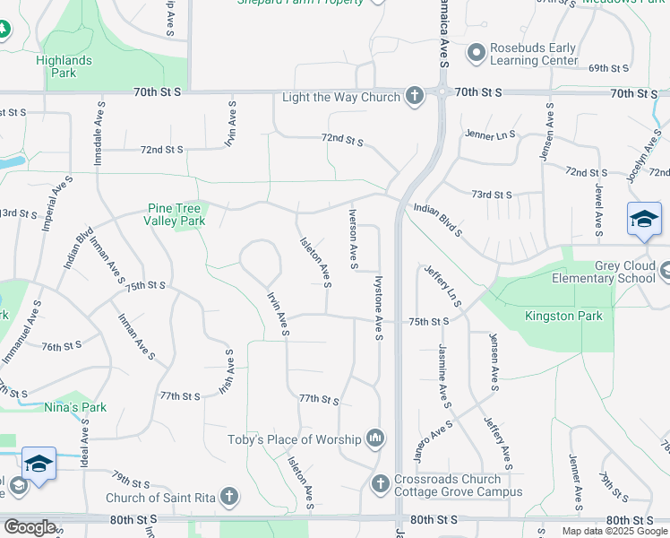 map of restaurants, bars, coffee shops, grocery stores, and more near 7388 Iverson Avenue South in Cottage Grove