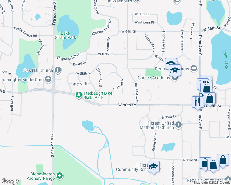 map of restaurants, bars, coffee shops, grocery stores, and more near 8924 York Road South in Minneapolis