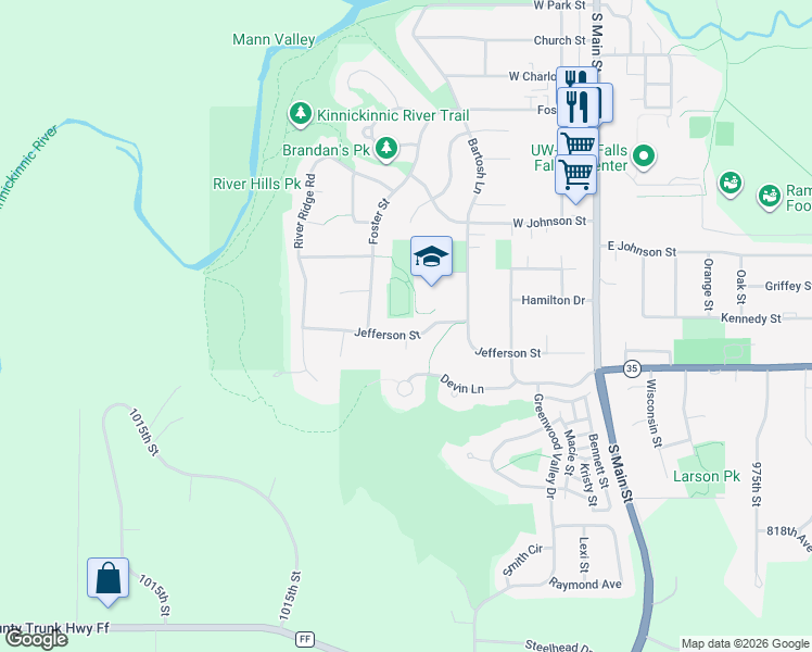 map of restaurants, bars, coffee shops, grocery stores, and more near 445 Jefferson Street in River Falls