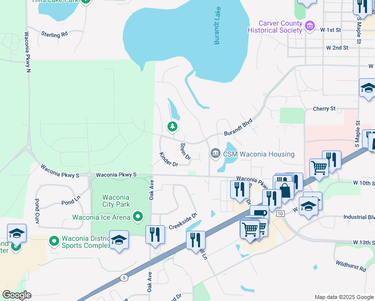 map of restaurants, bars, coffee shops, grocery stores, and more near 1055 Stein Drive in Waconia