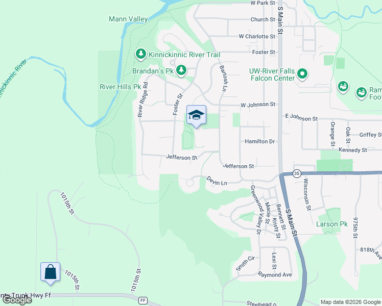 map of restaurants, bars, coffee shops, grocery stores, and more near 445 Jefferson St in River Falls