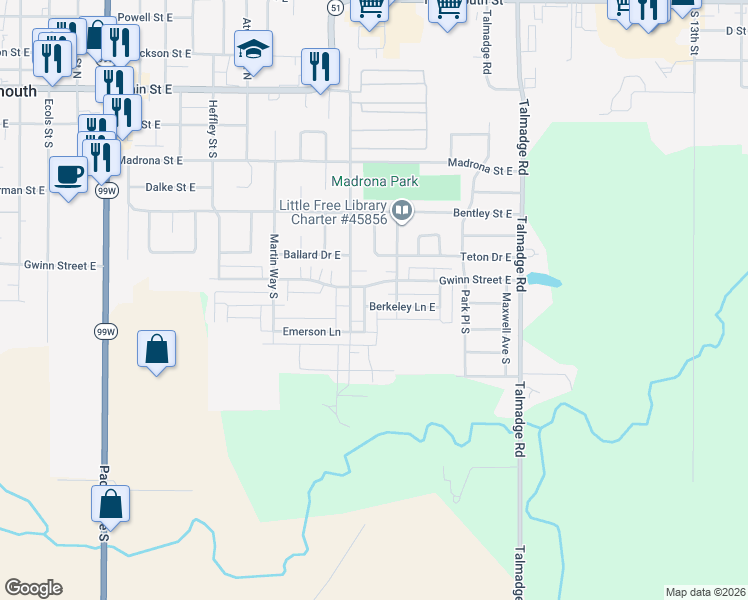 map of restaurants, bars, coffee shops, grocery stores, and more near 1581 Gwinn Street East in Monmouth