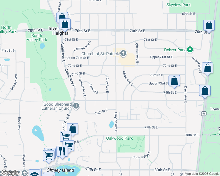map of restaurants, bars, coffee shops, grocery stores, and more near 7343 Clay Court East in Inver Grove Heights