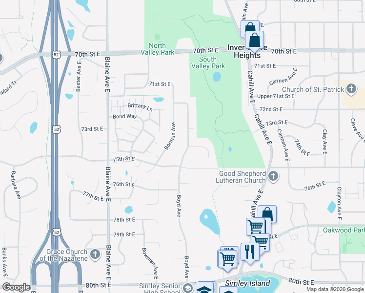 map of restaurants, bars, coffee shops, grocery stores, and more near 7421 Boyd Avenue in Inver Grove Heights