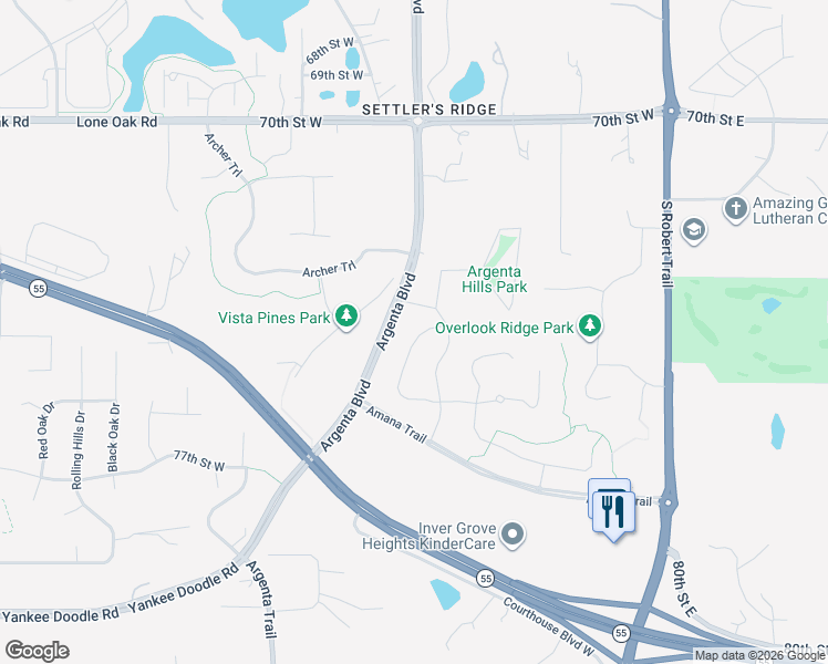 map of restaurants, bars, coffee shops, grocery stores, and more near 7250 Argenta Trail in Inver Grove Heights