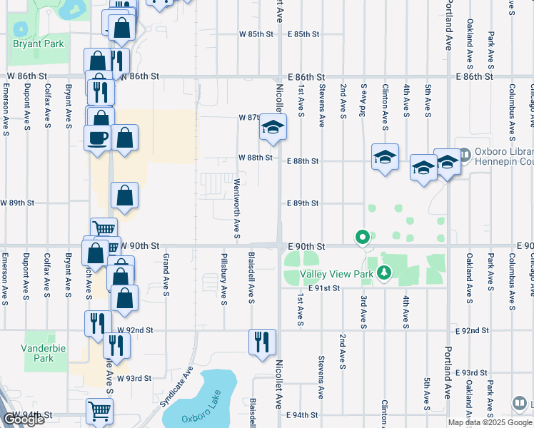 map of restaurants, bars, coffee shops, grocery stores, and more near 8900 Nicollet Avenue in Minneapolis