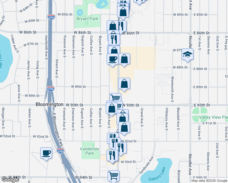 map of restaurants, bars, coffee shops, grocery stores, and more near 8901 Aldrich Avenue South in Minneapolis