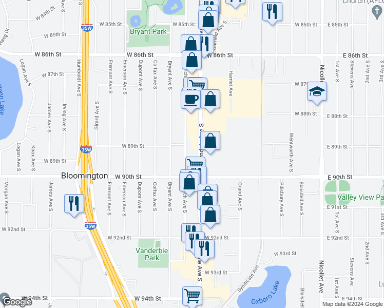 map of restaurants, bars, coffee shops, grocery stores, and more near 8901 Aldrich Avenue South in Minneapolis