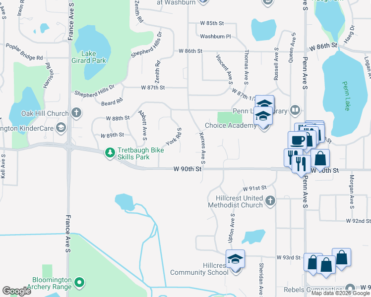 map of restaurants, bars, coffee shops, grocery stores, and more near 8903 York Circle South in Minneapolis