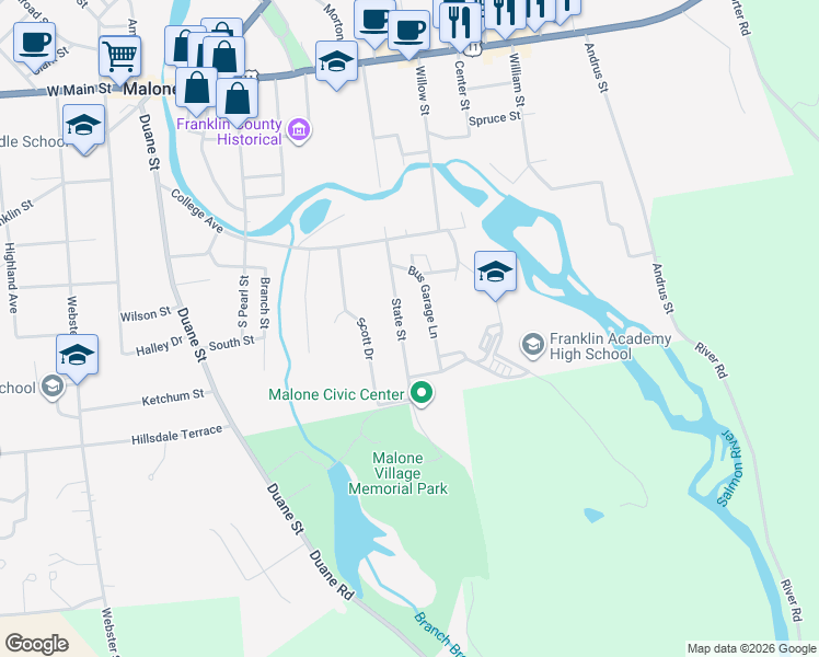 map of restaurants, bars, coffee shops, grocery stores, and more near 32 State St in Malone