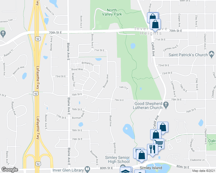 map of restaurants, bars, coffee shops, grocery stores, and more near 7402 Borman Avenue East in Inver Grove Heights