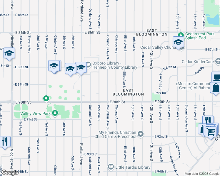 map of restaurants, bars, coffee shops, grocery stores, and more near 8901 Columbus Avenue South in Bloomington