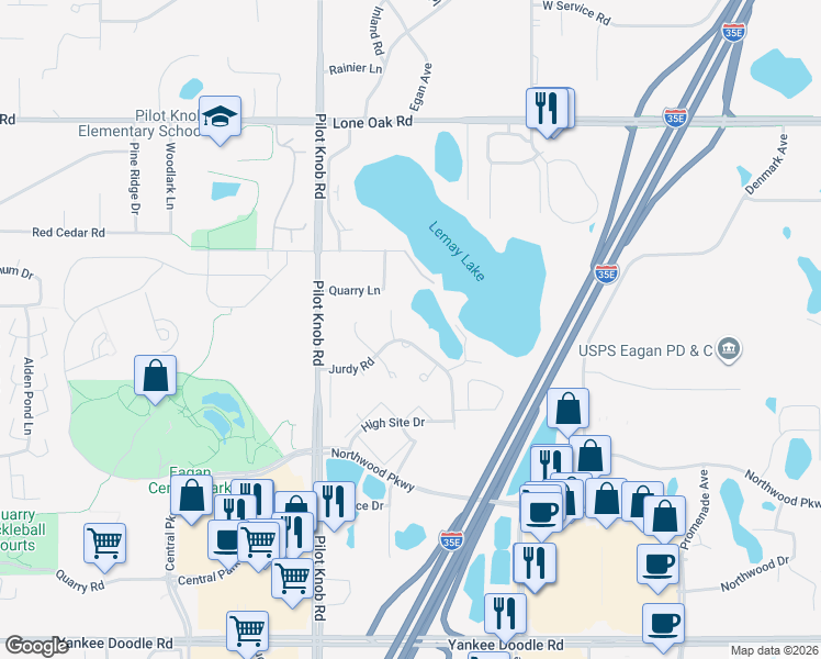 map of restaurants, bars, coffee shops, grocery stores, and more near 1343 Jurdy Road in Eagan
