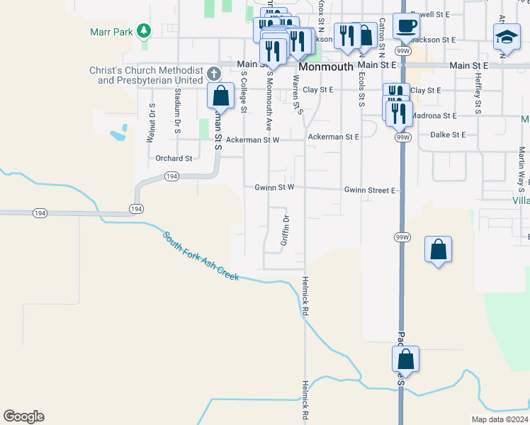 map of restaurants, bars, coffee shops, grocery stores, and more near 738 South Monmouth Avenue in Monmouth