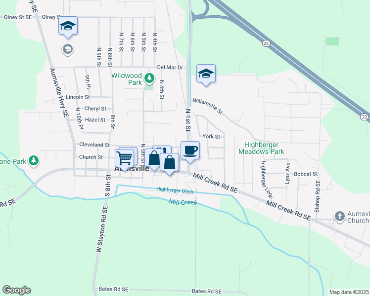 map of restaurants, bars, coffee shops, grocery stores, and more near 205 Cleveland Street in Aumsville