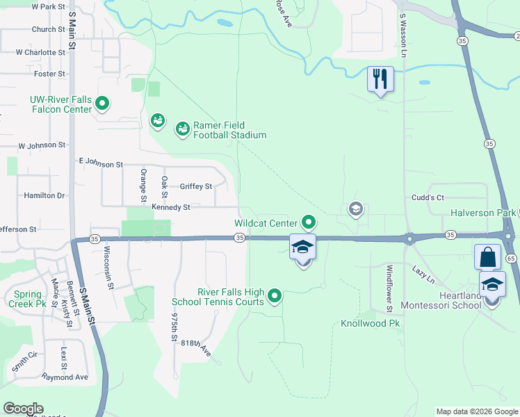 map of restaurants, bars, coffee shops, grocery stores, and more near 1347 South Sixth Street in River Falls