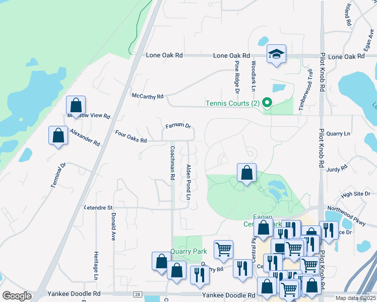 map of restaurants, bars, coffee shops, grocery stores, and more near 3110 Alden Pond Lane in Eagan