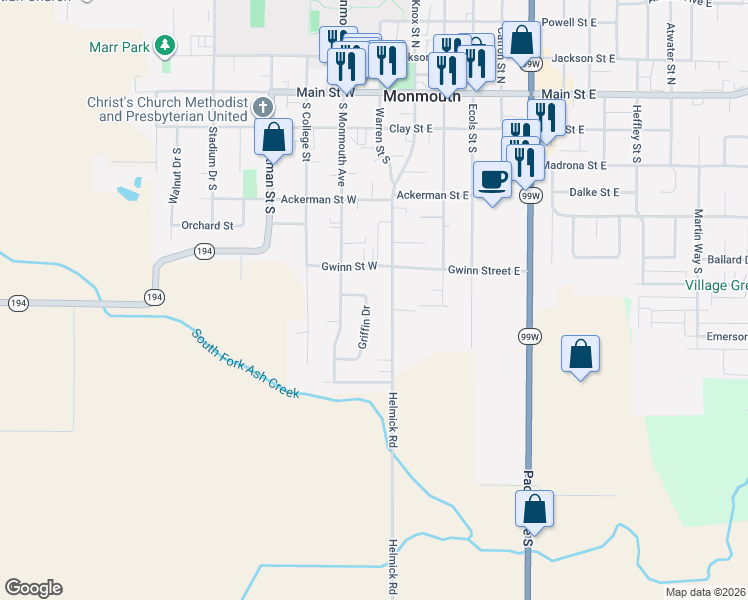map of restaurants, bars, coffee shops, grocery stores, and more near 721 Griffin Drive in Monmouth