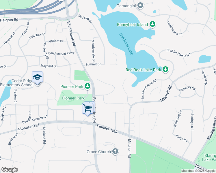 map of restaurants, bars, coffee shops, grocery stores, and more near 15728 Cedar Ridge Road in Eden Prairie