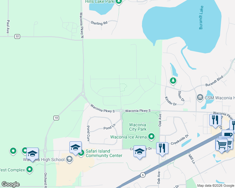 map of restaurants, bars, coffee shops, grocery stores, and more near 1330 Waconia Parkway South in Waconia