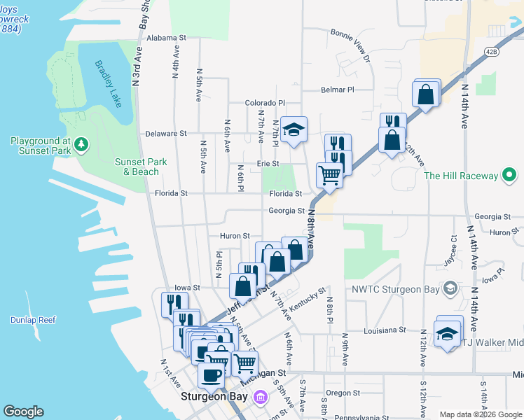 map of restaurants, bars, coffee shops, grocery stores, and more near 598 North 7th Avenue in Sturgeon Bay