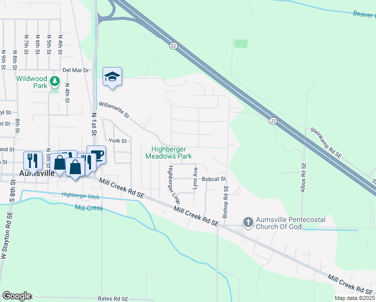 map of restaurants, bars, coffee shops, grocery stores, and more near 9859 Willamette Street in Aumsville