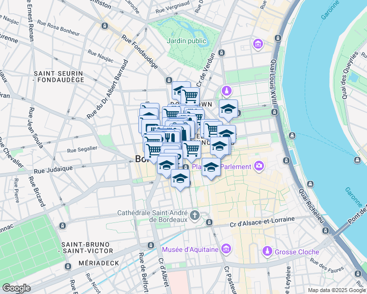 map of restaurants, bars, coffee shops, grocery stores, and more near 10 Rue Montesquieu in Bordeaux