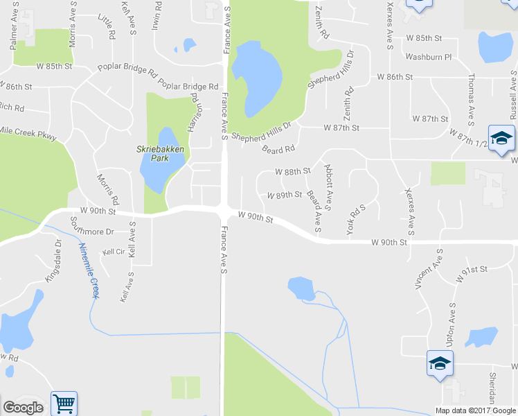 map of restaurants, bars, coffee shops, grocery stores, and more near 8912 Tretbaugh Drive in Minneapolis