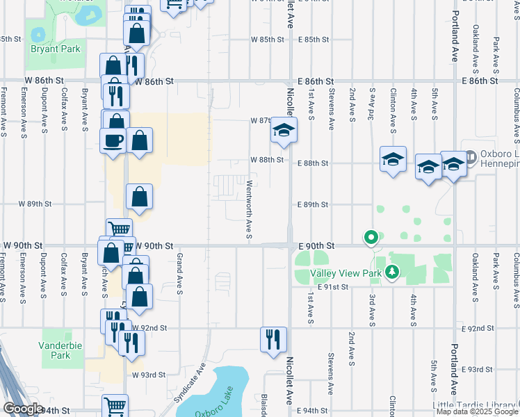 map of restaurants, bars, coffee shops, grocery stores, and more near 8901 Wentworth Avenue South in Minneapolis