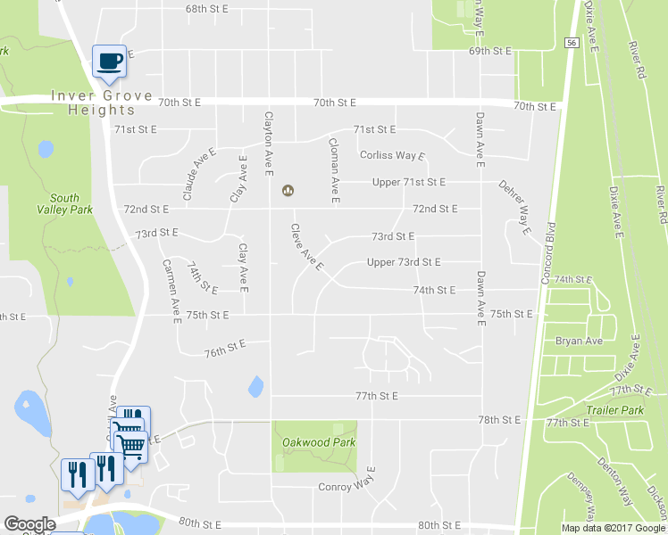 map of restaurants, bars, coffee shops, grocery stores, and more near 3645 Upper 73rd Street East in Inver Grove Heights