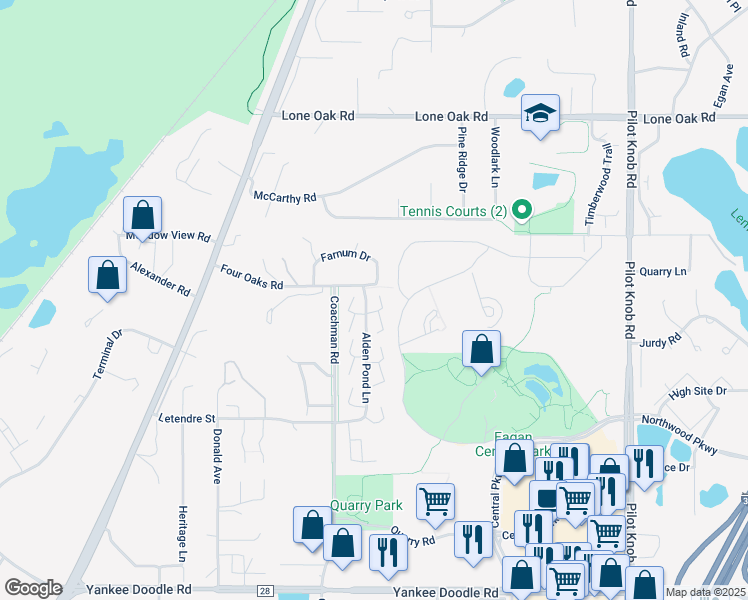 map of restaurants, bars, coffee shops, grocery stores, and more near 3110 Alden Pond Lane in Eagan