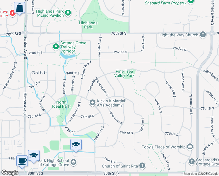 map of restaurants, bars, coffee shops, grocery stores, and more near 7358 Innsdale Avenue South in Cottage Grove