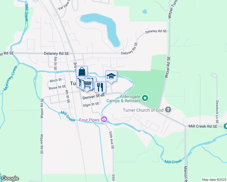 map of restaurants, bars, coffee shops, grocery stores, and more near 7800 School Avenue in Turner