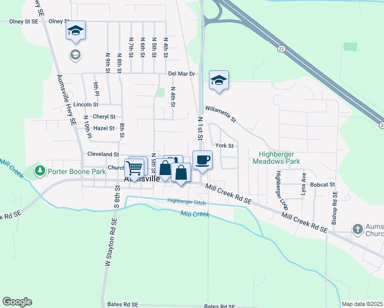map of restaurants, bars, coffee shops, grocery stores, and more near 205 Cleveland Street in Aumsville