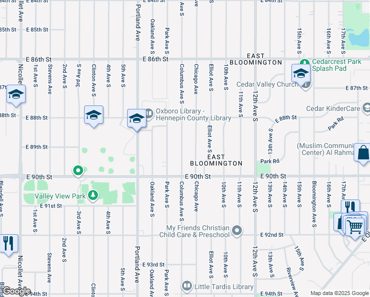 map of restaurants, bars, coffee shops, grocery stores, and more near 8901 Columbus Avenue South in Bloomington