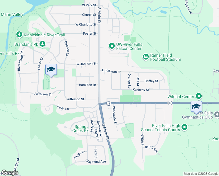 map of restaurants, bars, coffee shops, grocery stores, and more near 1355 Sycamore Street in River Falls