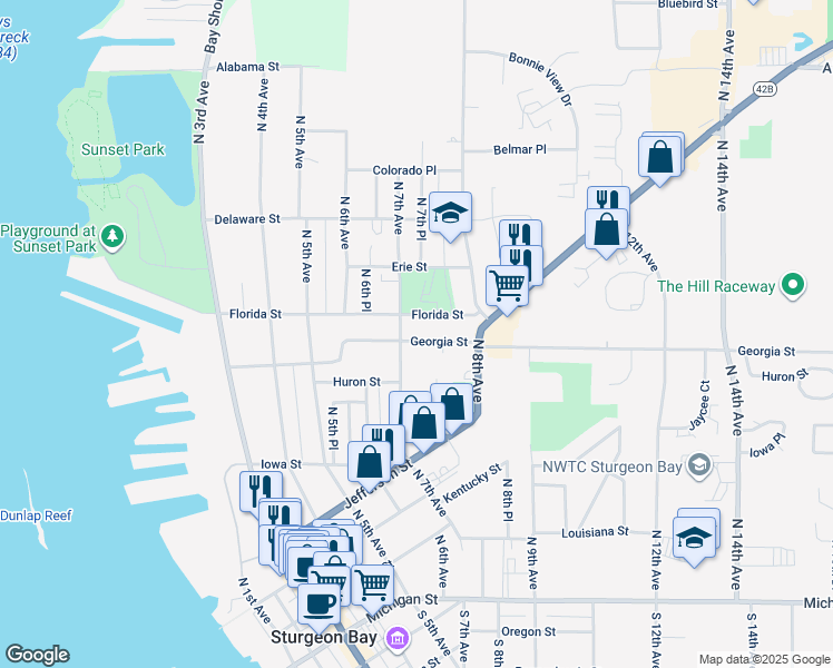 map of restaurants, bars, coffee shops, grocery stores, and more near 722 Georgia Street in Sturgeon Bay