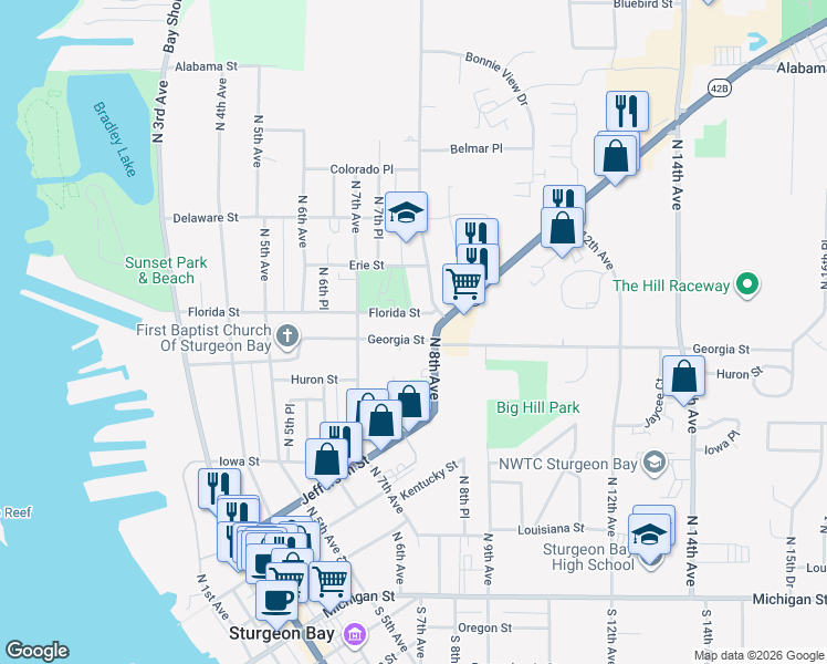 map of restaurants, bars, coffee shops, grocery stores, and more near 752 Georgia Street in Sturgeon Bay