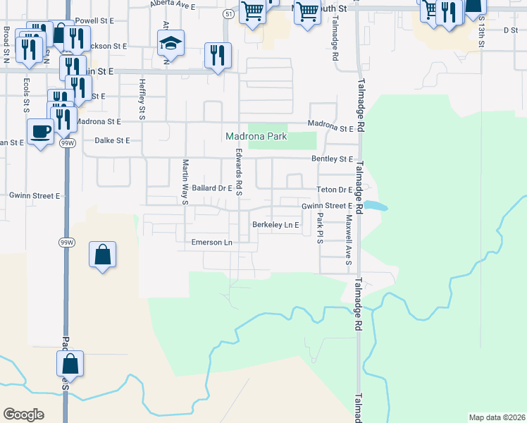 map of restaurants, bars, coffee shops, grocery stores, and more near 1581 Gwinn Street East in Monmouth