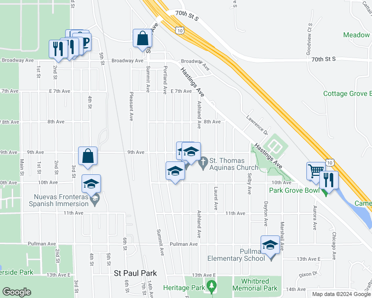 map of restaurants, bars, coffee shops, grocery stores, and more near 844 Holley Avenue in Saint Paul Park
