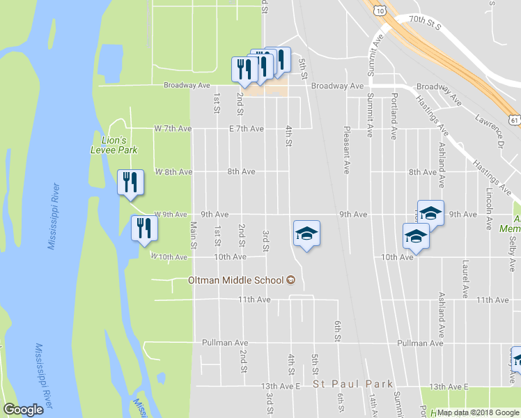 map of restaurants, bars, coffee shops, grocery stores, and more near 845 3rd Street in Saint Paul Park