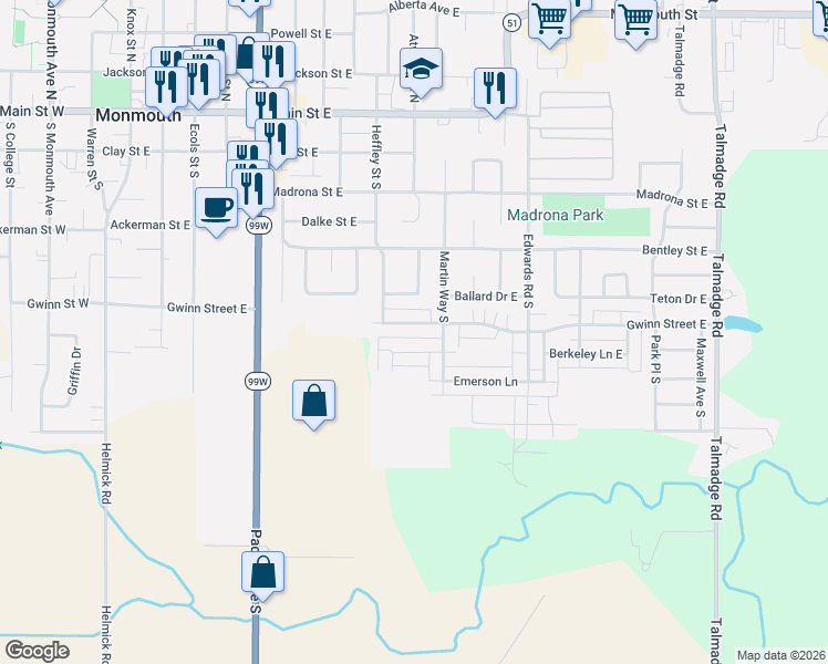map of restaurants, bars, coffee shops, grocery stores, and more near 1097 Gwinn Street East in Monmouth