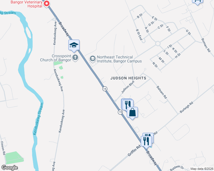 map of restaurants, bars, coffee shops, grocery stores, and more near 1365 Broadway in Bangor