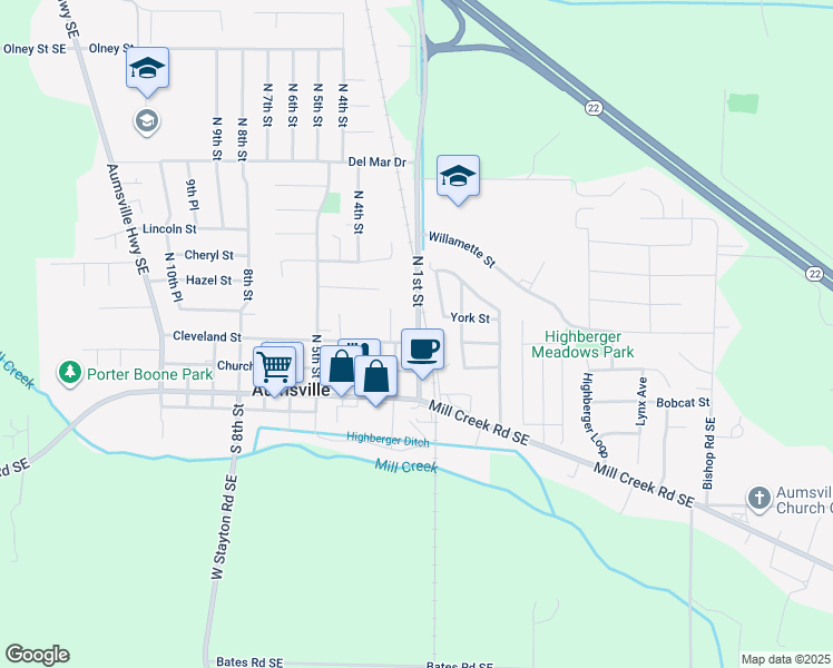 map of restaurants, bars, coffee shops, grocery stores, and more near 139 Cleveland Street in Aumsville