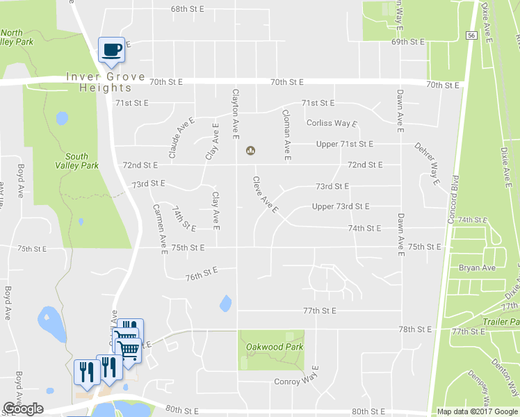 map of restaurants, bars, coffee shops, grocery stores, and more near 7417 Cleadis Way East in Inver Grove Heights