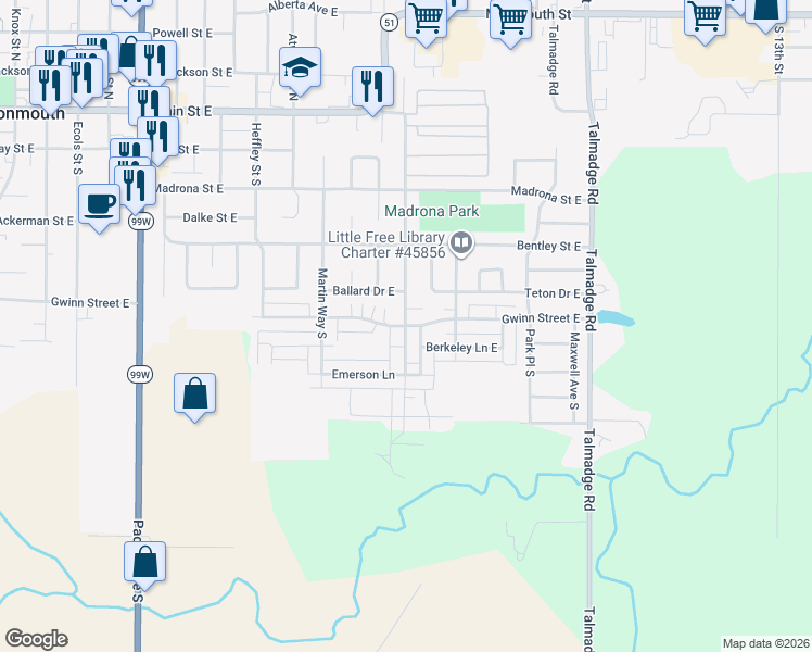 map of restaurants, bars, coffee shops, grocery stores, and more near 170 East Main Street in Monmouth