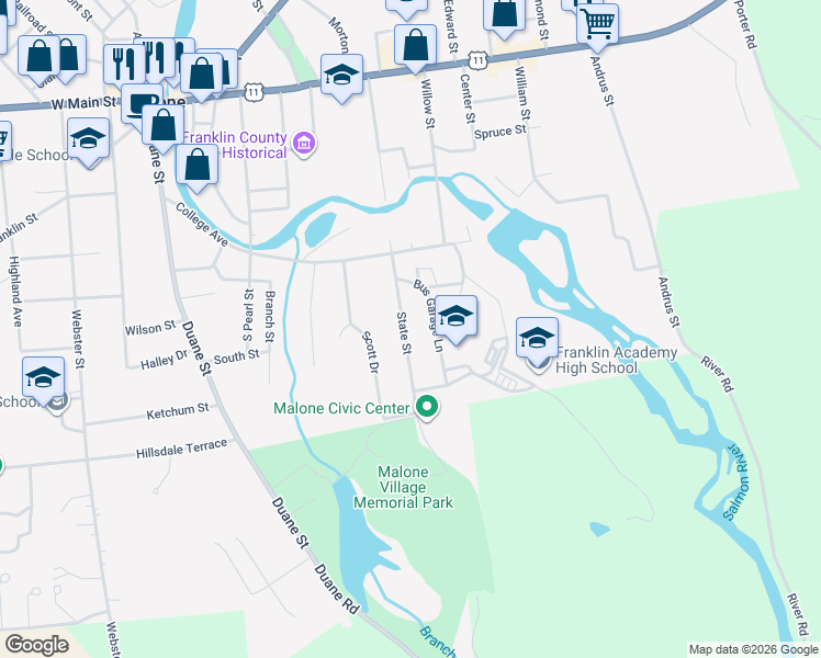 map of restaurants, bars, coffee shops, grocery stores, and more near 32 State Street in Malone