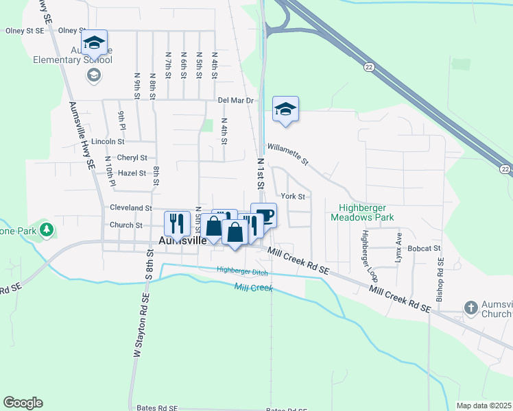 map of restaurants, bars, coffee shops, grocery stores, and more near 205 Cleveland Street in Aumsville